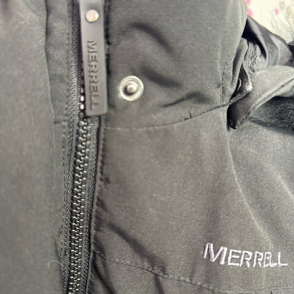 Merrell coat jacket parka puffer feather down black fur hood waist tie cinch - Picture 8 of 16